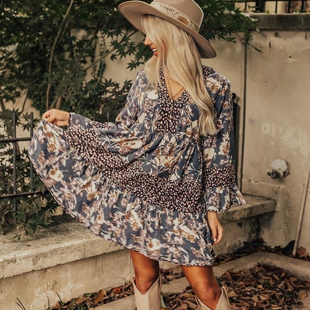 Entro Floral Babydoll Mini Dress With Bell Sleeves
